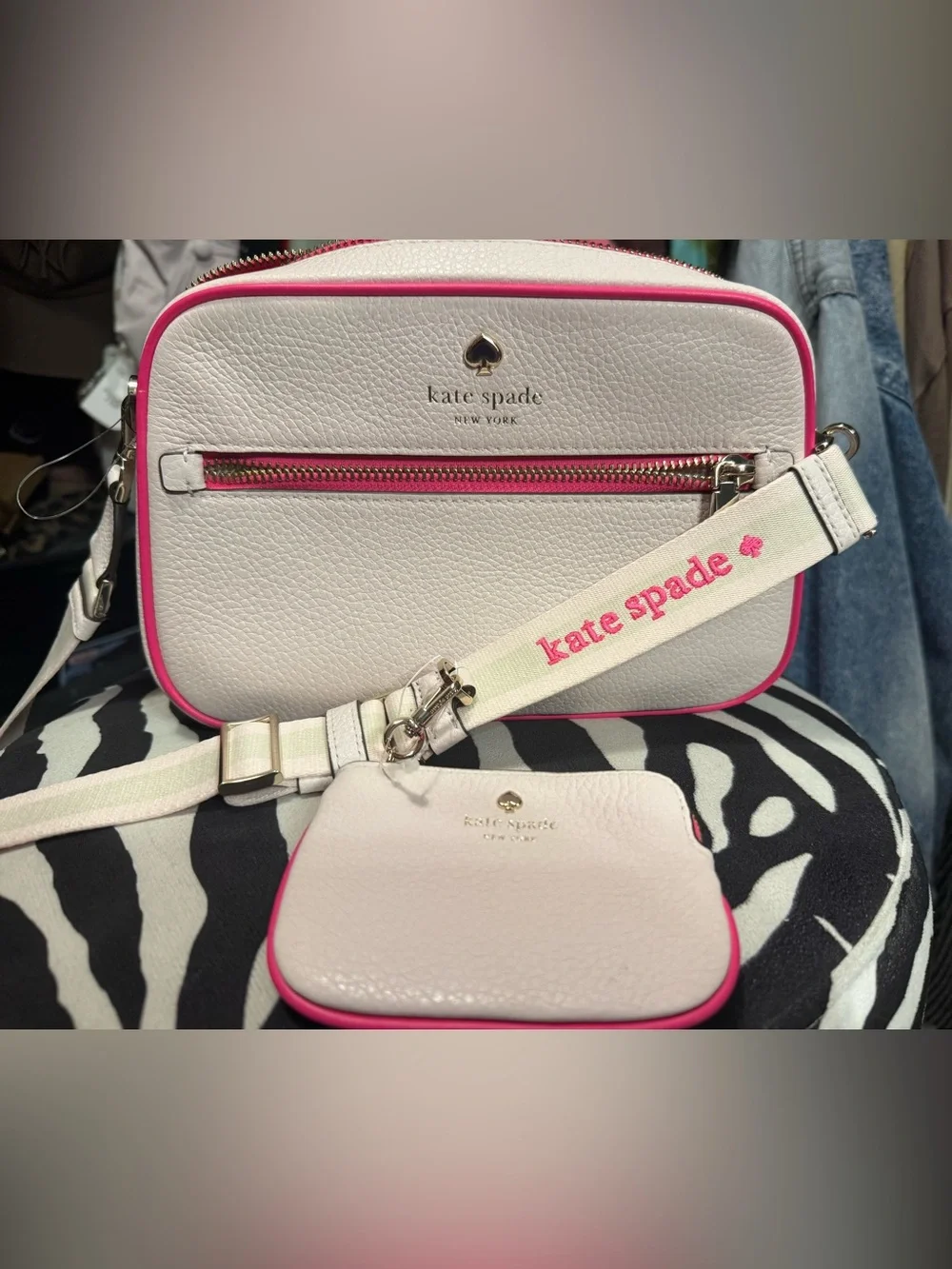 kate spade New York Cream Crossbody Bag with Pink Trim
